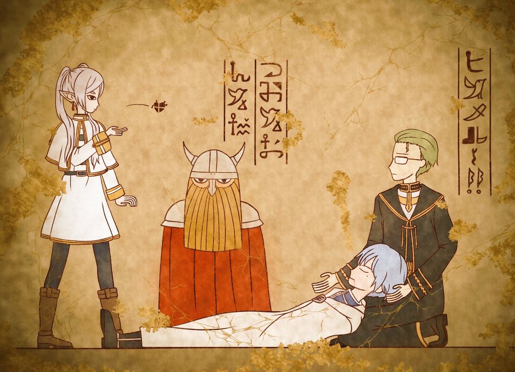 1girl 3boys armor beard black_cloak black_eyes black_footwear black_leggings blood blood_from_mouth blue_hair blue_shirt blunt_ends boots brown_footwear brown_hair cape capelet cloak commentary crack dress dwarf earrings egyptian_art eisen_(sousou_no_frieren) elf facial_hair fake_horns fake_text frieren glasses green_hair hair_slicked_back heart heiter helmet hieroglyphics himmel_(sousou_no_frieren) horned_helmet horns jewelry kita_(7kita) kneeling leggings long_beard long_hair lying multiple_boys on_back on_ground opaque_glasses parody pauldrons pointy_ears profile rectangular_eyewear red_cape shirt shoulder_armor sousou_no_frieren standing straight-on style_parody translated twintails white_capelet white_cloak white_dress white_hair white_shirt