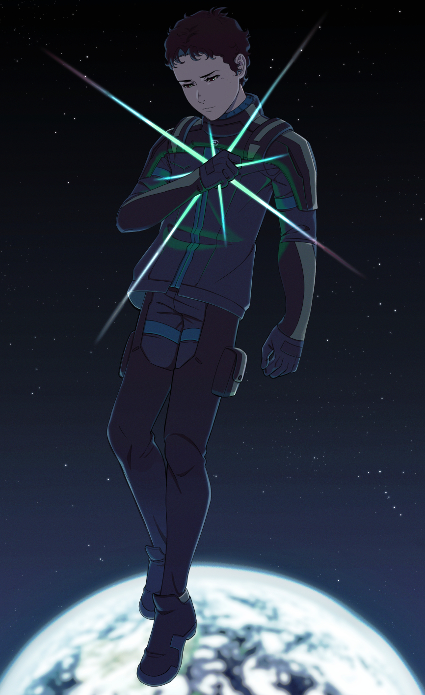 1boy black_gloves black_jacket black_pants black_shoes brown_eyes brown_hair clenched_hands closed_mouth earth_(planet) enelous full_body gloves gundam gundam_hathaway&#039;s_flash hand_on_own_chest hathaway_noa highres jacket looking_down male_focus pants planet pouch shoes short_hair solo space star_(sky) thigh_pouch very_short_hair