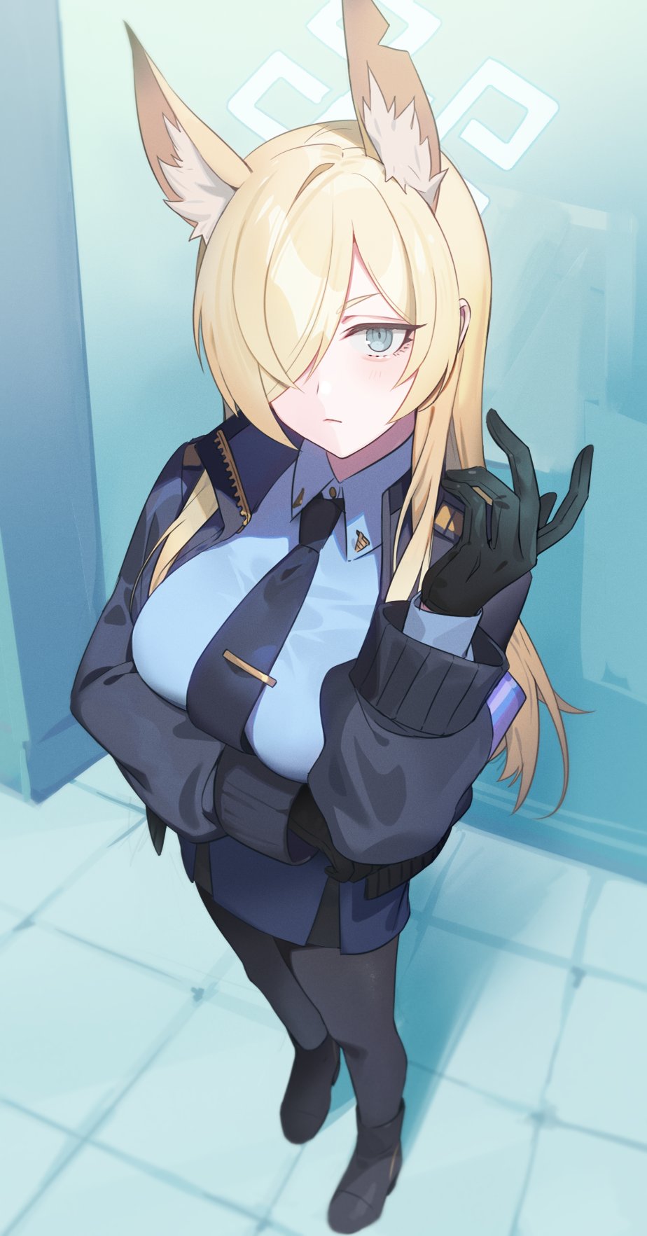 1girl animal_ears black_footwear black_gloves black_pantyhose blonde_hair blue_archive blue_necktie blue_shirt blue_skirt closed_mouth collared_shirt extra_ears from_above full_body gloves green_eyes hair_over_one_eye halo highres jacket kanna_(blue_archive) long_hair long_sleeves looking_at_viewer necktie open_clothes open_jacket pantyhose pencil_skirt shirt skirt solo tie_clip tile_floor tiles yuura
