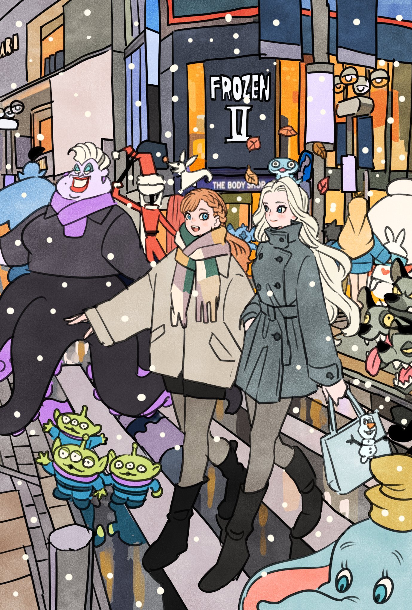 aladdin_(movie) alice_(alice_in_wonderland) alice_in_wonderland alien_(toy_story) animal_ears anna_(frozen) bag banzai_(the_lion_king) baymax big_hero_6 black_footwear blonde_hair blue_eyes blue_eyeshadow boots braid bruni_(frozen) character_request colored_skin commentary copyright_name crosswalk disney dumbo dumbo_(character) ed_(the_lion_king) elephant elsa_(frozen) eyeshadow feathers frozen_(disney) full_body genie_(aladdin) green_skin hat high_collar highres hiro_hamada holding holding_bag hyena jack_skellington lilo_&_stitch long_hair makeup mole monster_girl olaf_(frozen) orange_hair outdoors purple_scarf purple_skin rabbit_ears red_lips santa_costume santa_hat scarf scylla sharp_teeth shenzi_(lion_king) siblings sisters smile snowing stitch_(lilo_&_stitch) swept_bangs takeuchi_ryousuke teeth the_lion_king the_little_mermaid_(disney) the_nightmare_before_christmas third_eye tongue tongue_out toy_story ursula_(disney) white_rabbit_(alice_in_wonderland)
