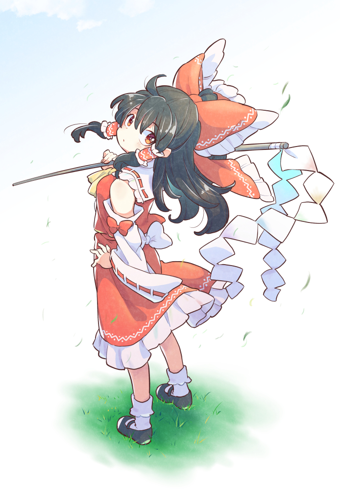 1girl :o ascot black_hair blade_of_grass bow brown_eyes cloud detached_sleeves frilled_skirt frills from_side full_body gohei grass hair_bow hair_tubes hakurei_reimu hand_on_own_hip holding holding_gohei long_hair looking_back mary_janes outdoors red_bow red_skirt ribbon ribbon-trimmed_sleeves ribbon_trim shoes skirt socks solo standing tanasuke touhou white_background white_bow white_sleeves wide_sleeves