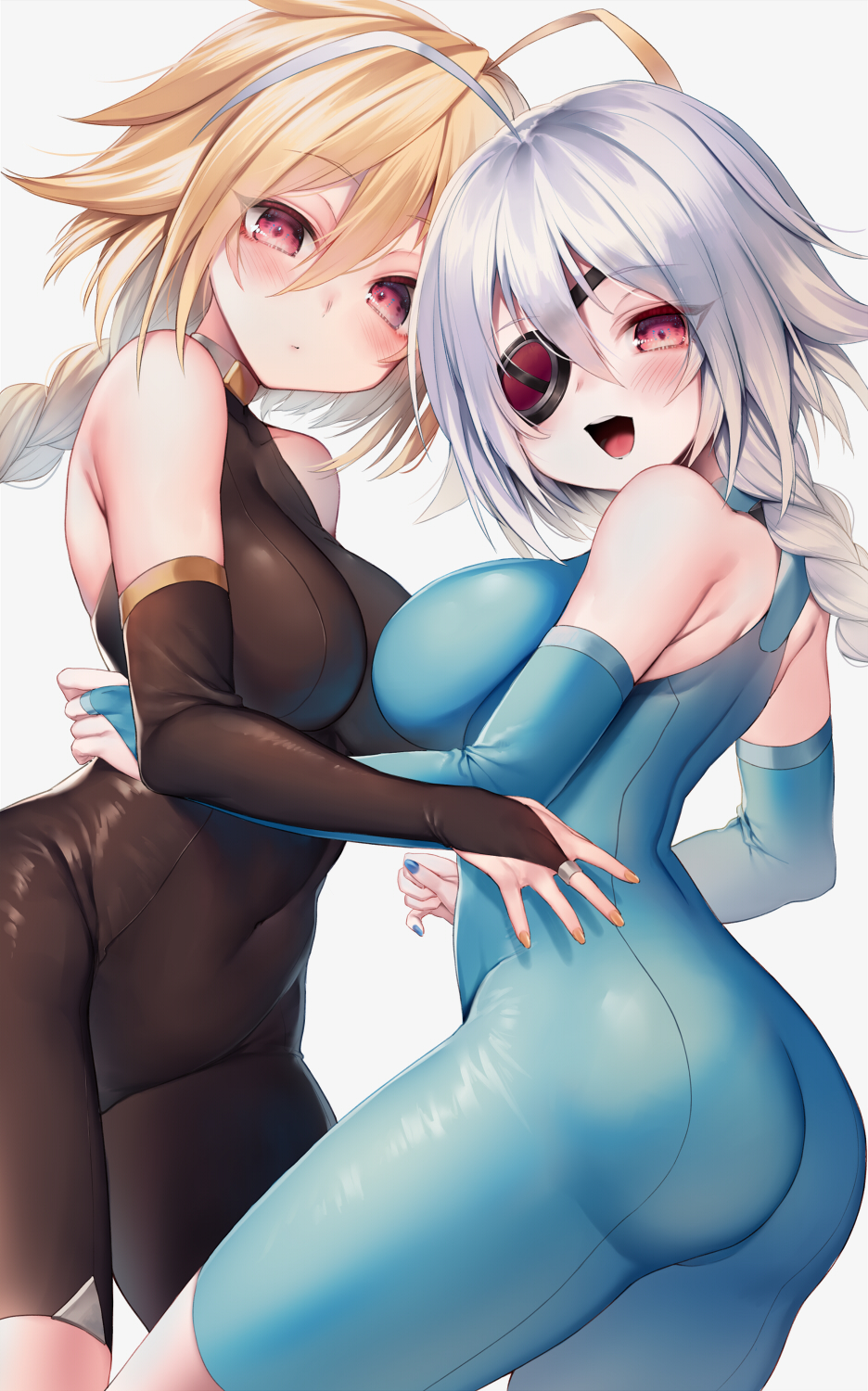 2girls ahoge ass bare_shoulders blazblue blush bodysuit braid breasts bridal_gauntlets covered_navel eyepatch eyes_visible_through_hair from_side hair_between_eyes highres hime_gyo hug huge_ahoge lambda-11 large_breasts long_hair looking_at_viewer looking_back multiple_girls nail_polish nu-13 open_mouth red_eyes simple_background single_braid skin_tight smile turtleneck very_long_hair white_background