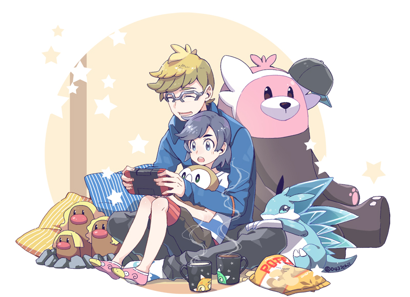2boys alolan_dugtrio alolan_form alolan_sandslash bad_id bad_pixiv_id bewear blonde_hair character_print closed_eyes commentary_request cup elio_(pokemon) gen_1_pokemon gen_7_pokemon glasses holding knees long_sleeves male_focus minior molayne_(pokemon) mug multiple_boys nintendo open_mouth pink_footwear pokemon pokemon_(creature) pokemon_sm rowlet shirt short_hair short_sleeves sitting slowpoke smile socks star_(symbol) steam striped_clothes striped_shirt t-shirt xichii