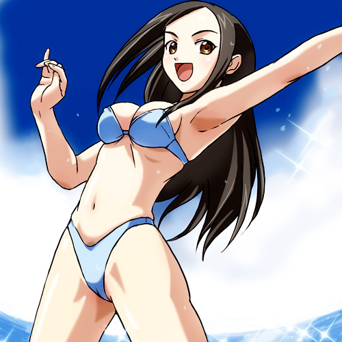 00s armpits beach bikini blue_bikini cowboy_shot day gear_fighter_dendou gear_senshi_dendou haruyama_kazunori lowres saki_(dendoh) solo swimsuit