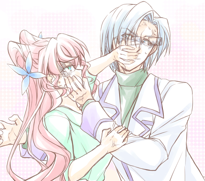 10s 1boy 1girl anger_vein aqua_eyes arm_grab butterfly_hair_ornament closed_lab_coat grabbing_another&#039;s_chin green_shirt hair_ornament hand_on_another&#039;s_chin hottate john_wayne_vercingetorix lab_coat maria_cadenzavna_eve pink_background pushing_away pushing_face senki_zesshou_symphogear shirt silver_hair sweat turtleneck