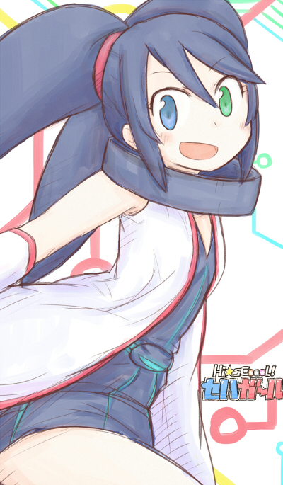 1girl :d black_dress black_hair blue_eyes blush coat copyright_name detached_sleeves dress eyebrows eyelashes facing_away female_focus flat_chest green_eyes guilo hair_between_eyes hair_tie heterochromia long_hair looking_at_viewer open_clothes open_coat open_mouth sega_hard_girls sega_saturn_(sega_hard_girls) short_dress sleeveless sleeveless_coat smile solo tongue twintails white_coat