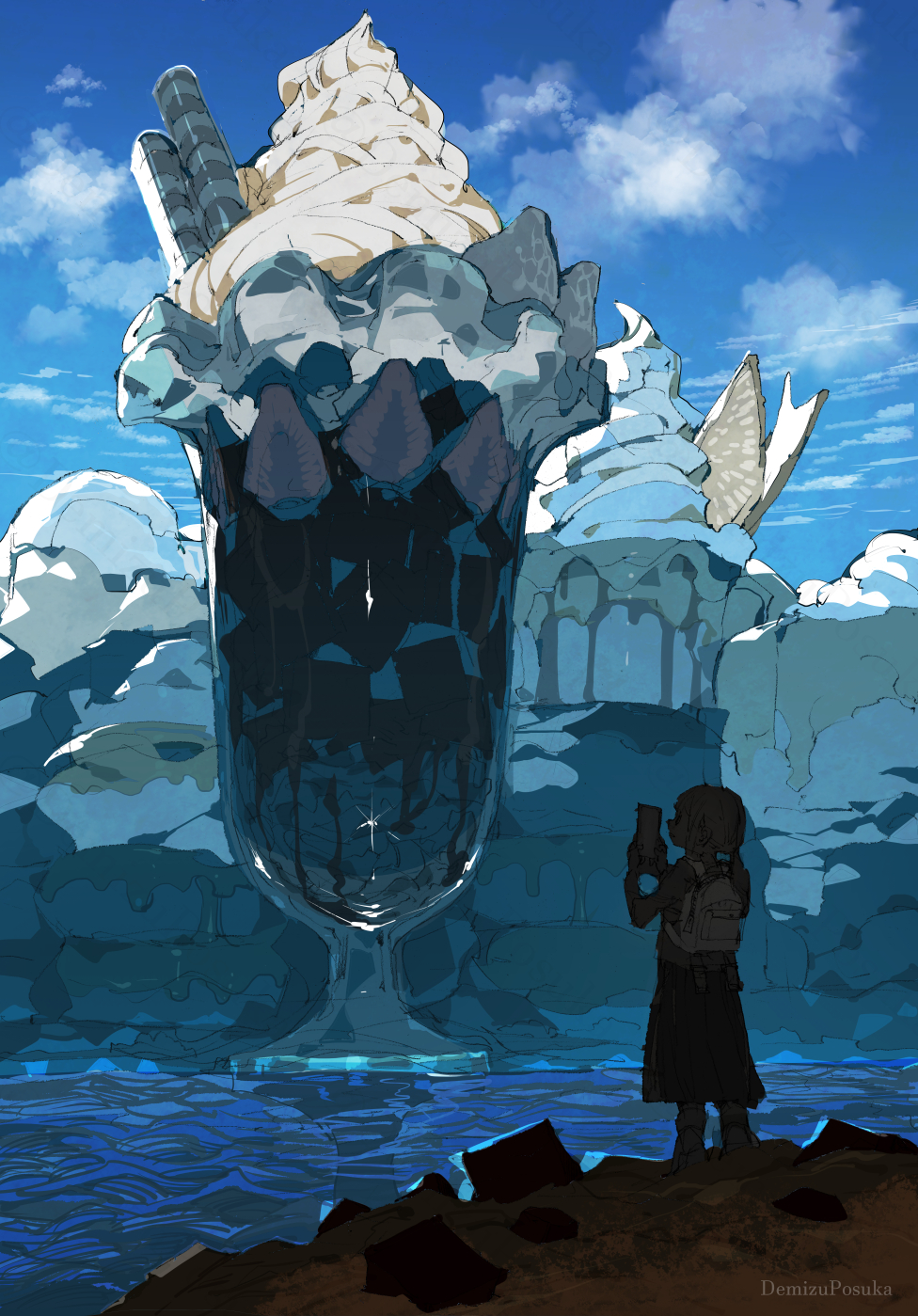 1girl backpack bag blue_sky cloud cloudy_sky day demizu_posuka food food_focus fruit highres holding holding_phone ice_cream ocean original outdoors phone sky soft_serve solo strawberry taking_picture wafer_stick water