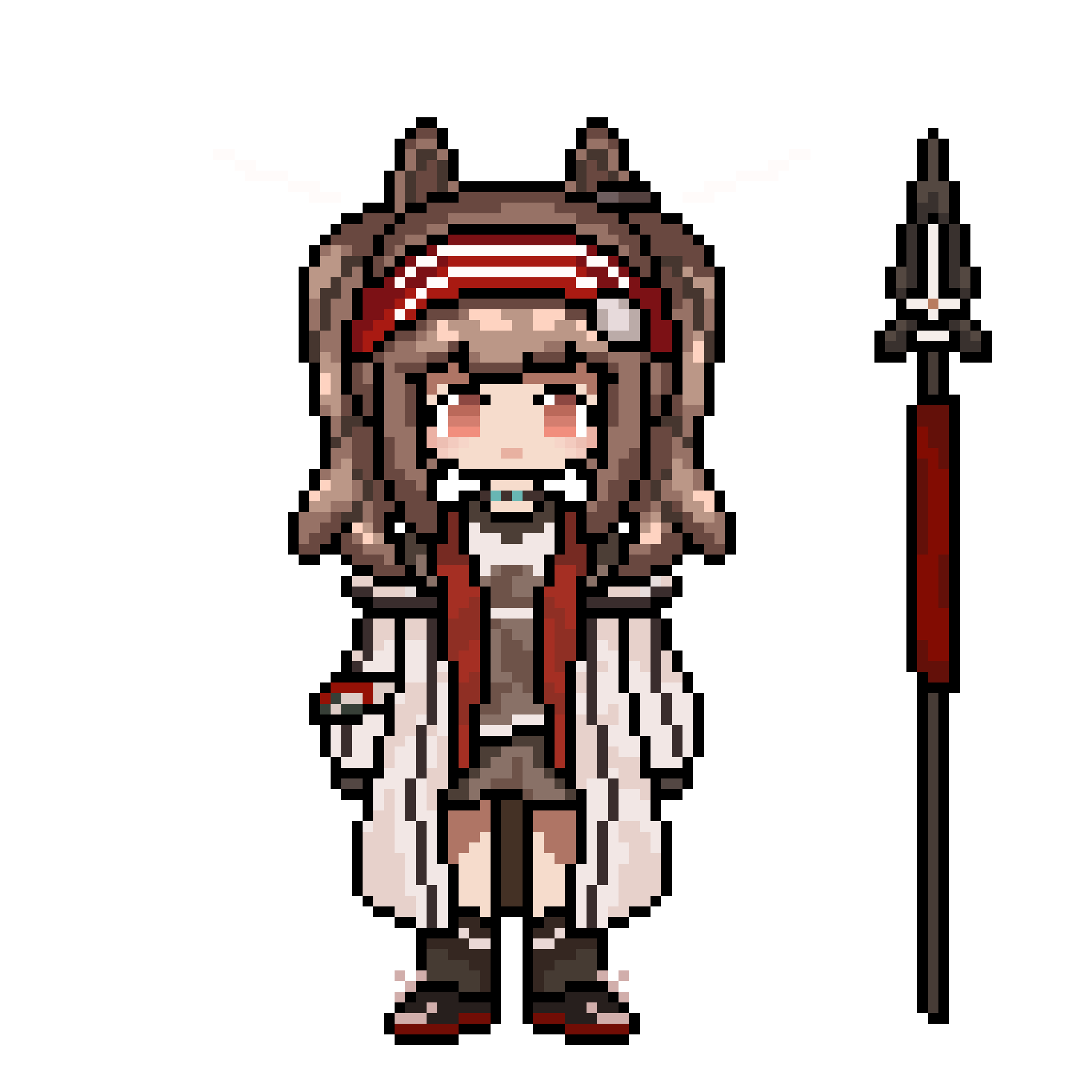 1girl angelina_(arknights) animal_ears arknights black_gloves black_shoes black_shorts black_socks brown_hair chinese_commentary coat commentary_request earpiece fox_ears full_body gloves hairband highres infection_monitor_(arknights) jacket kneehighs kyqx910913 long_hair looking_at_viewer open_clothes open_coat open_jacket pixel_art red_eyes red_hairband red_jacket shoes shorts simple_background socks solo staff standing striped_clothes striped_hairband twintails two-tone_hairband white_background white_coat
