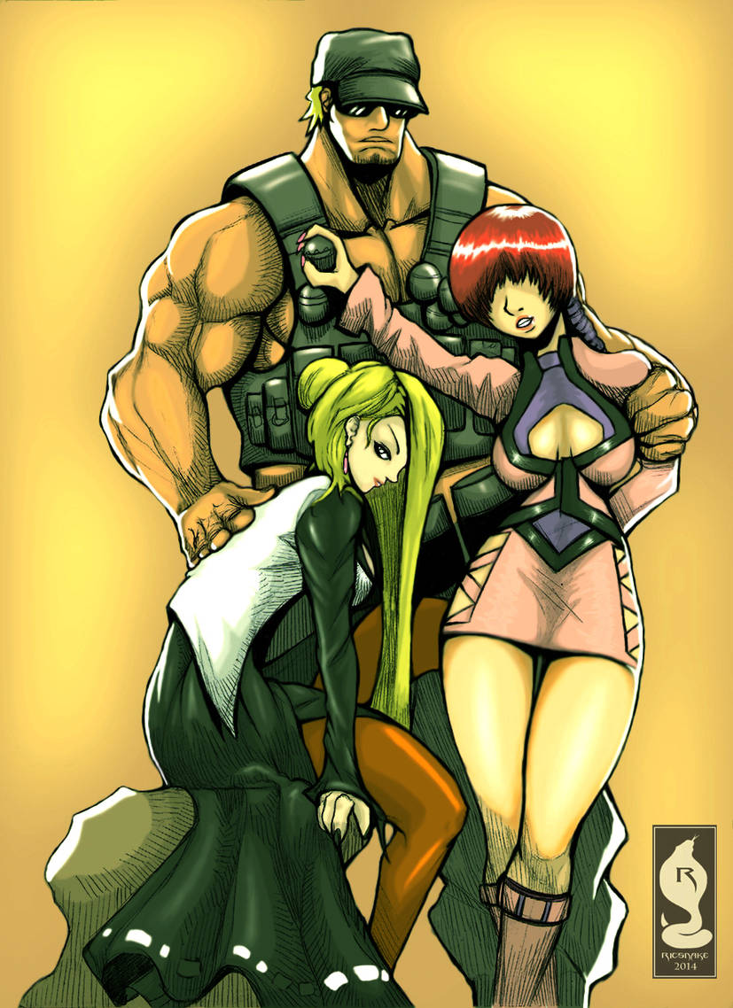 2girls blonde_hair boots breasts clark_still dress female_focus hair_bun large_breasts long_hair long_sleeves looking_at_viewer mature_(kof) medium_breasts military multiple_girls muscular muscular_male pale_skin red_hair ricsnake shermie_(kof) sitting skirt standing the_king_of_fighters thighs