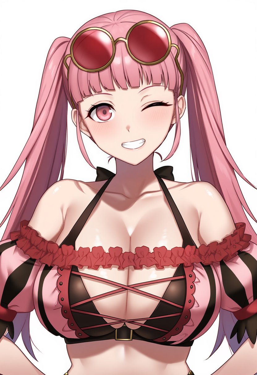 1girl breasts cleavage collarbone fire_emblem fire_emblem:_three_houses fire_emblem_heroes highres hilda_valentine_goneril hilda_valentine_goneril_(summer) long_hair looking_at_viewer nintendo pink_eyes pink_hair pyo_3300 simple_background solo sunglasses swimsuit upper_body wavy_hair white_background