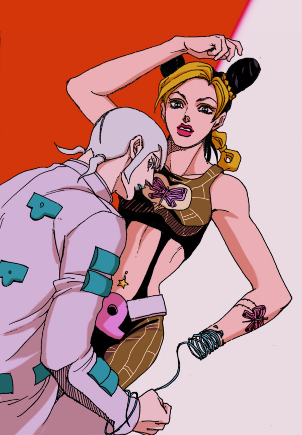 1boy 1girl black_hair blonde_hair blue_lips butterfly_tattoo cone_hair_bun donatello_versus double_bun hage_tashuumi hair_bun hollow_body jojo_no_kimyou_na_bouken kuujou_jolyne lips male_focus midriff multicolored_hair navel_piercing piercing sideburns spider_web_print stone_ocean string tattoo thread two-tone_hair unraveling white_hair