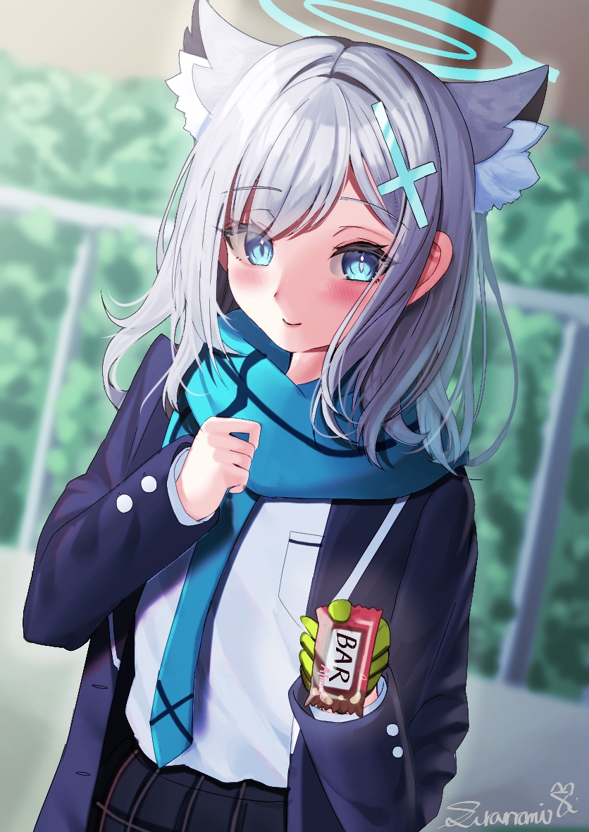 1girl animal_ear_fluff animal_ears black_skirt blue_archive blue_coat blue_eyes blue_necktie blue_scarf blurry blurry_background blush cat_ears closed_mouth coat cross_hair_ornament dutch_angle gloves green_gloves hair_ornament holding long_hair long_sleeves necktie open_clothes open_coat plaid_clothes plaid_skirt scarf shiroko_(blue_archive) shirt signature silver_hair single_glove siranami_eight skirt smile solo standing white_shirt