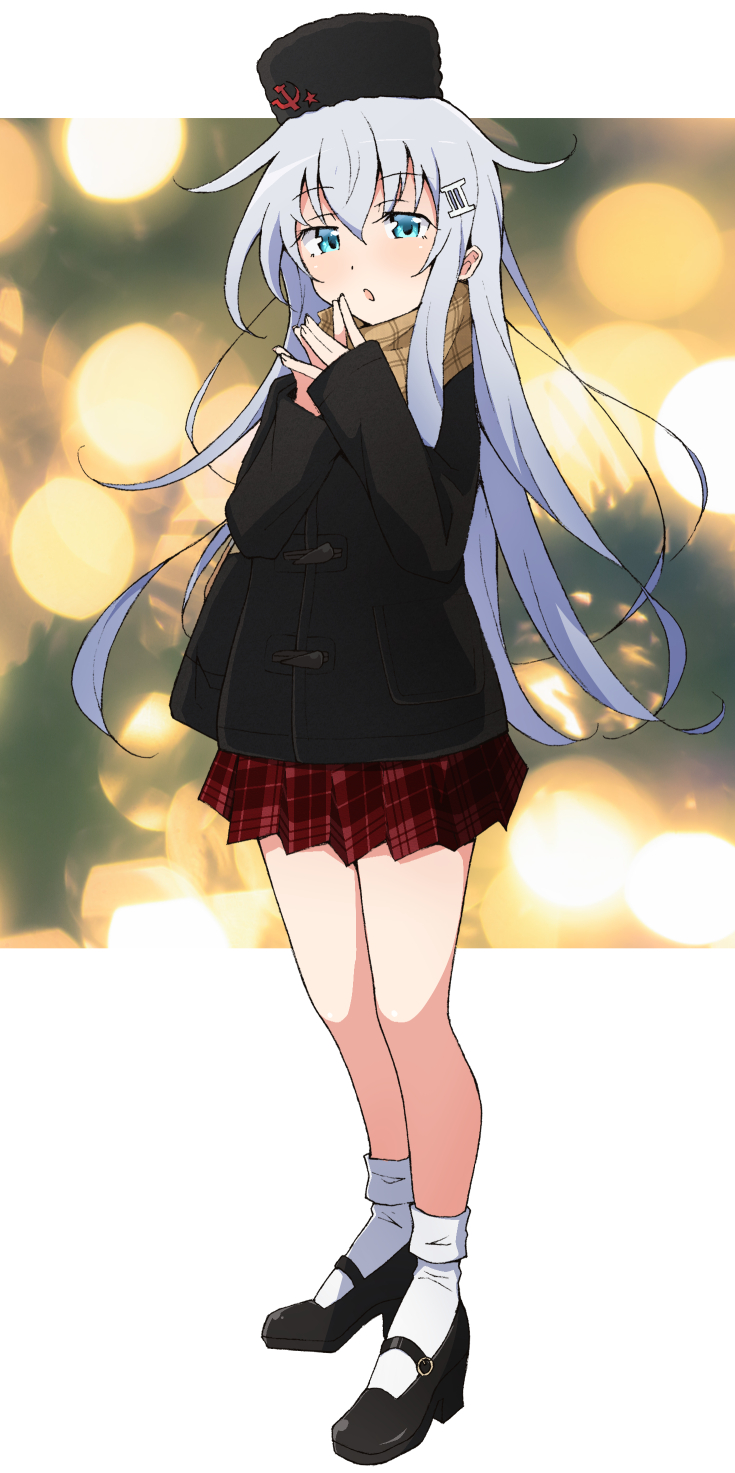 1girl alternate_costume ankle_socks black_coat black_footwear black_headwear blue_eyes blush brown_scarf coat commentary_request female_focus hair_between_eyes hammer_and_sickle hibiki_(kancolle) high_heels highres kantai_collection long_hair long_sleeves looking_at_viewer nel-c open_mouth plaid_clothes plaid_skirt pleated_skirt red_skirt scarf silver_hair skirt socks solo white_socks