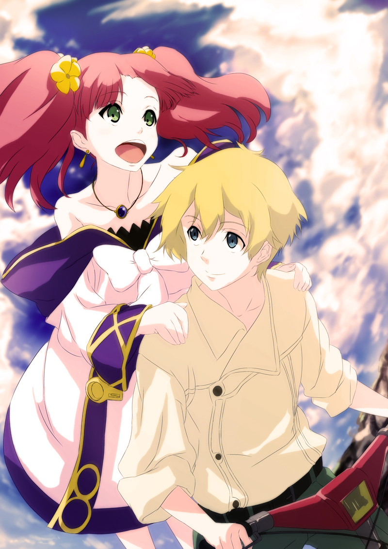 10s 1boy 1girl bad_id bad_pixiv_id bare_shoulders blonde_hair clain_(fractale) earrings flower fractale green_eyes hair_flower hair_ornament jewelry nanai necklace nessa_(fractale) open_mouth red_hair smile twintails