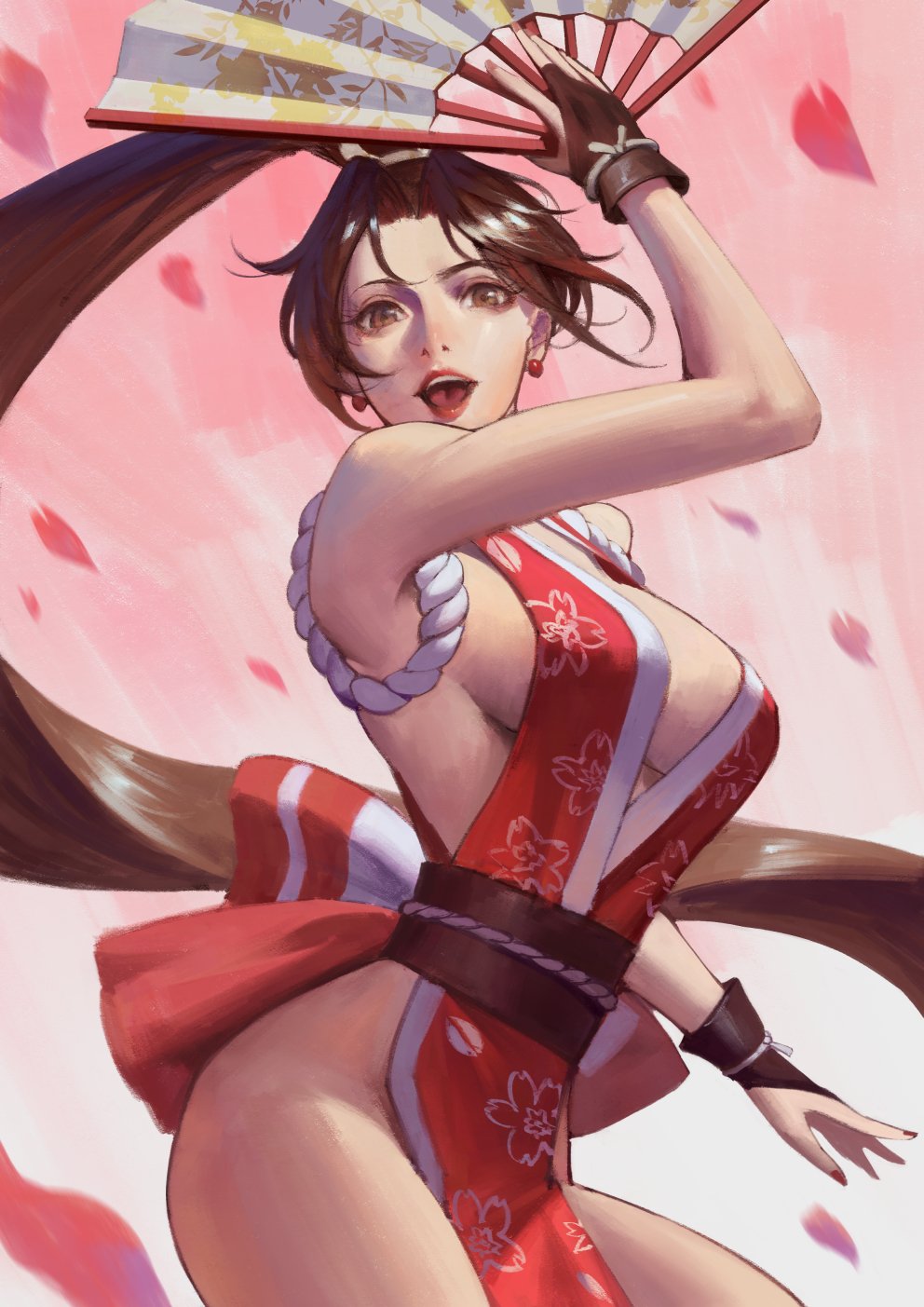 1girl bad_tag breasts brown_eyes brown_hair crossover fatal_fury folded_fan folding_fan hand_fan high_ponytail highres holding holding_fan japanese_clothes large_breasts ninja pelvic_curtain phamoz ponytail revealing_clothes rope shiranui_mai sideboob smile solo street_fighter street_fighter_6