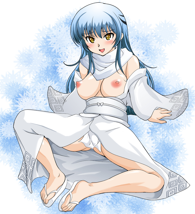 1girl 2010 blue_hair blush breasts breasts_out japanese_clothes kimono large_breasts long_hair looking_at_viewer medium_breasts nipples nurarihyon_no_mago oikawa_tsurara open_mouth ryumage sandals sitting smile white_kimono white_sandals yellow_eyes yuki_onna_(nurarihyon_no_mago)