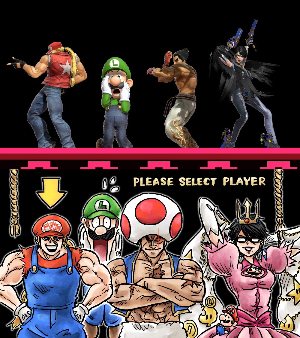 1girl 3boys 3d baseball_cap bayonetta bayonetta_(series) black_eyes black_hair blonde_hair blue_eyes blue_overalls brown_hair character_doll closed_mouth cosplay crown denim doll dress facial_hair facial_scar fatal_fury fatal_fury_cap fingerless_gloves game_screenshot_inset glasses gloves green_shirt hat jacket kicdon lipstick long_hair looking_at_viewer luigi luma_(mario) makeup mario mario_(cosplay) mario_(series) mishima_kazuya mole mole_under_mouth multiple_boys muscular mustache nintendo open_mouth overalls ponytail princess_peach princess_peach_(cosplay) red_eyes scar scar_on_cheek scar_on_face shirt short_hair super_mario_bros._2 super_smash_bros. tekken terry_bogard thick_eyebrows toad_(mario) toad_(mario)_(cosplay) white_gloves