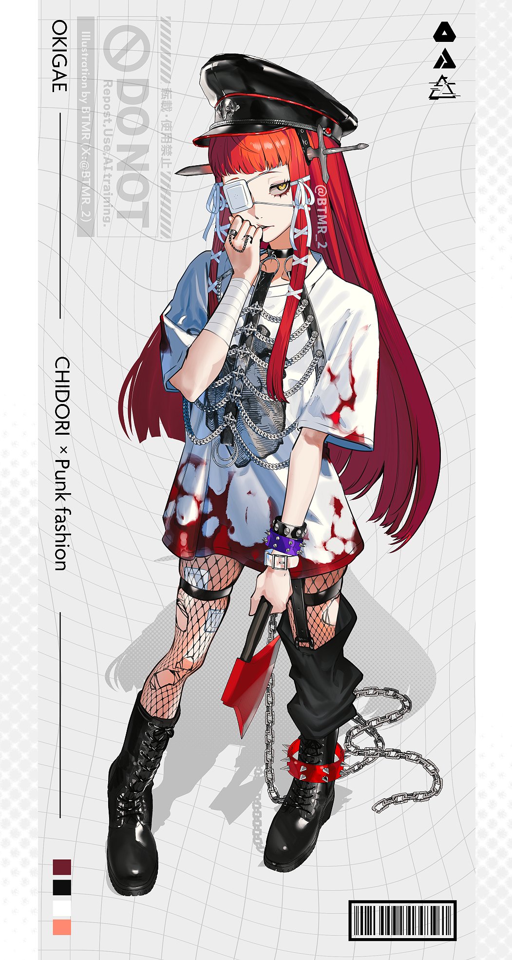 1girl alternate_costume axe bandaged_arm bandages barcode black_boots black_hat black_pantyhose blood blood_on_clothes blunt_bangs boots btmr_game chain character_name eyelashes eyepatch fishnet_pantyhose fishnets full_body gauze gauze_on_leg hair_ribbon hat highres holding holding_axe holding_weapon jewelry knee_boots long_hair medical_eyepatch multiple_rings pantyhose parted_lips peaked_cap persona persona_3 red_hair ribbon ring shirt short_sleeves sidelocks solo spikes standing thigh_strap torn_clothes torn_pantyhose tress_ribbon twitter_username very_long_hair weapon white_ribbon yellow_eyes yoshino_chidori