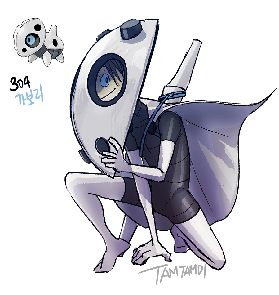 1boy aron black_bodysuit black_hair blue_eyes bodysuit cape commentary full_body game_freak gen_3_pokemon holding holding_shield looking_at_viewer male_focus nintendo personification pokemon pokemon_(creature) reference_inset shield short_hair signature simple_background smile tamtamdi translated weapon weapon_on_back white_background white_cape
