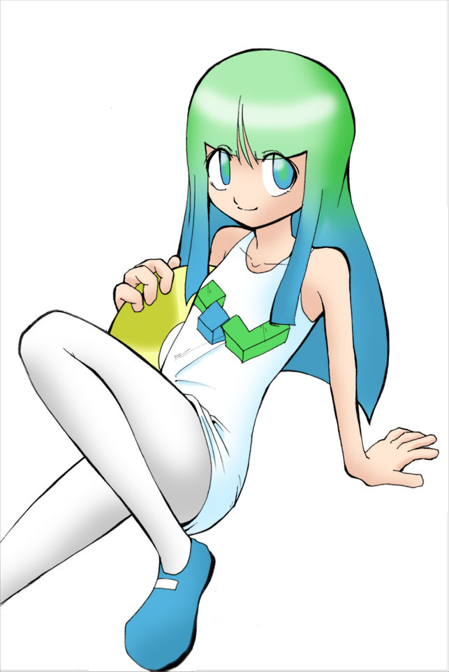 1girl bare_shoulders blue_hair blunt_bangs female_focus gradient_hair green_eyes green_hair lindows long_hair looking_at_viewer matching_hair/eyes multicolored_hair os-tan pantyhose shirt simple_background sitting sleeveless solo tank_top white_background white_pantyhose white_shirt
