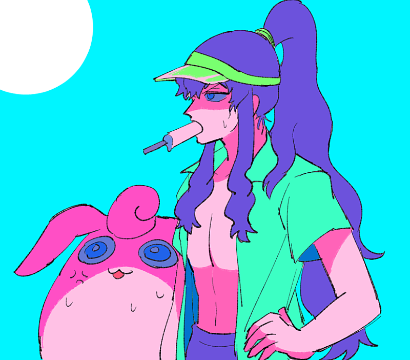 1boy blue_background food food_in_mouth gen_1_pokemon green_hat hand_on_own_hip harley_(pokemon) hat high_ponytail kk_buc long_hair male_focus nintendo open_clothes open_shirt pokemon pokemon_(anime) pokemon_(creature) pokemon_rse_(anime) ponytail popsicle popsicle_in_mouth purple_hair short_sleeves sidelocks sweat very_long_hair visor_cap wigglytuff