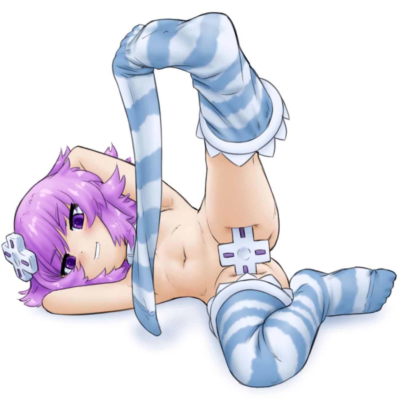 1girl alloyrabbit armpits arms_behind_head arms_up between_thighs blush breasts choker convenient_censoring covering_breasts covering_crotch covering_privates d-pad d-pad_hair_ornament flat_chest full_body grin groin hair_ornament highres leg_up looking_at_viewer lying naughty_face navel neptune_(neptunia) neptune_(series) nude on_side purple_eyes purple_hair short_hair simple_background small_breasts smile solo striped_clothes striped_thighhighs teasing thighhighs thighhighs_pull underboob unworn_hair_ornament white_background white_choker