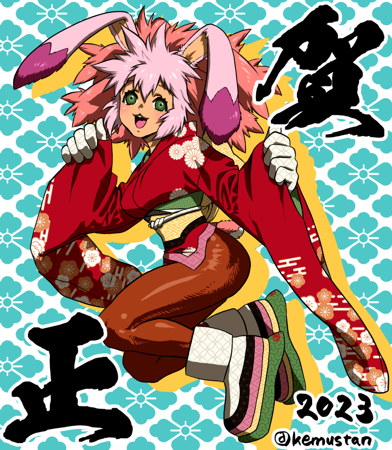 1girl 2023 :3 animal_ears blush chinese_zodiac commentary_request full_body gloves green_eyes japanese_clothes kimono open_mouth pantyhose pink_hair rabbit_ears red_kimono seraphita_(xenogears) smile solo sonomoto_shinzou_(natsume_kyouji) xenogears year_of_the_rabbit