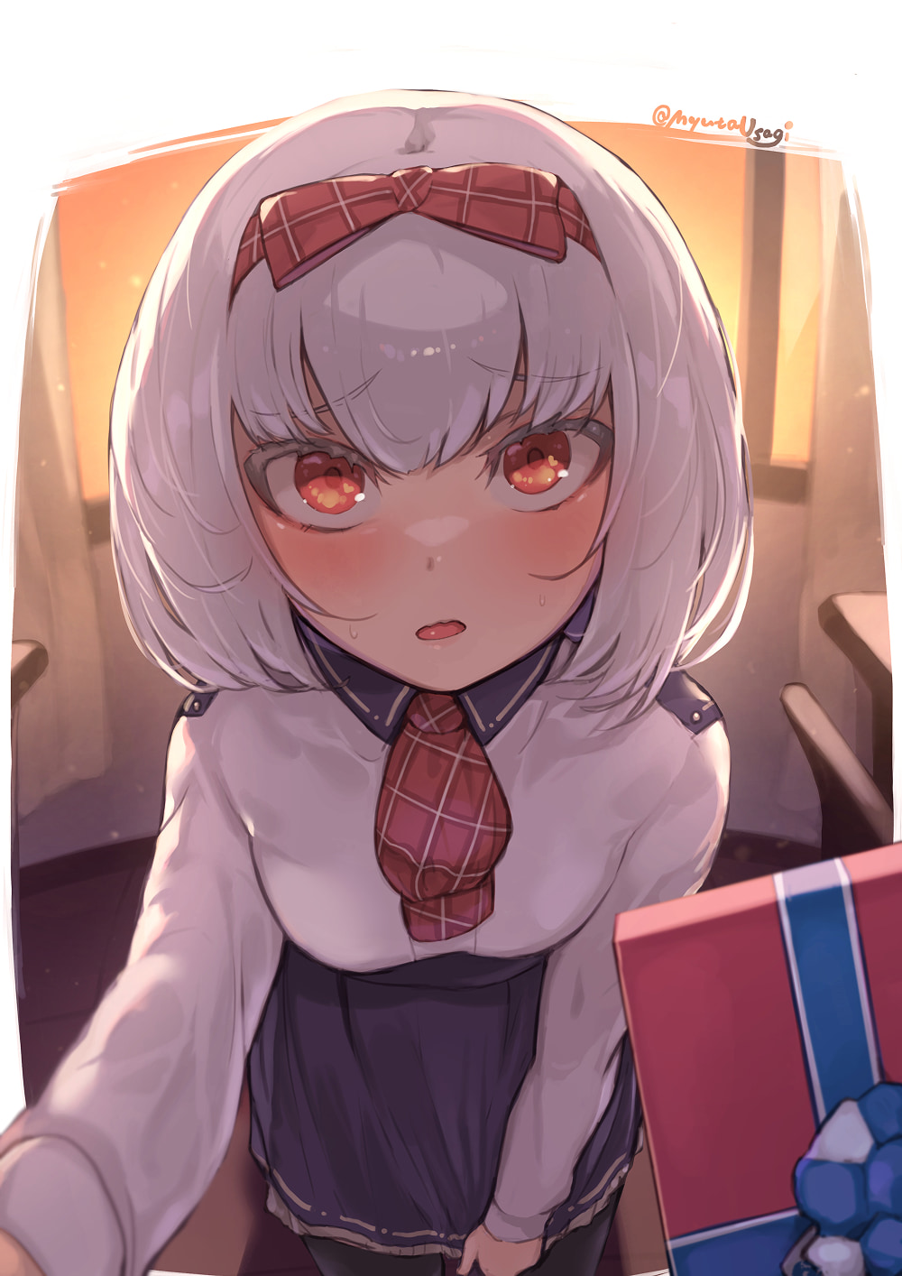 1girl alternate_costume azur_lane black_skirt blush box breasts classroom commentary_request cowboy_shot dusk gift gift_box hair_between_eyes hair_ornament hair_ribbon hermes_(azur_lane) highres incoming_gift indoors leaning_forward long_sleeves looking_at_viewer myuutau_tadakichi neck_ribbon open_mouth plaid_ribbon pov red_eyes ribbon school_uniform shirt short_hair sidelocks skirt small_breasts solo_focus standing twitter_username valentine white_hair white_shirt