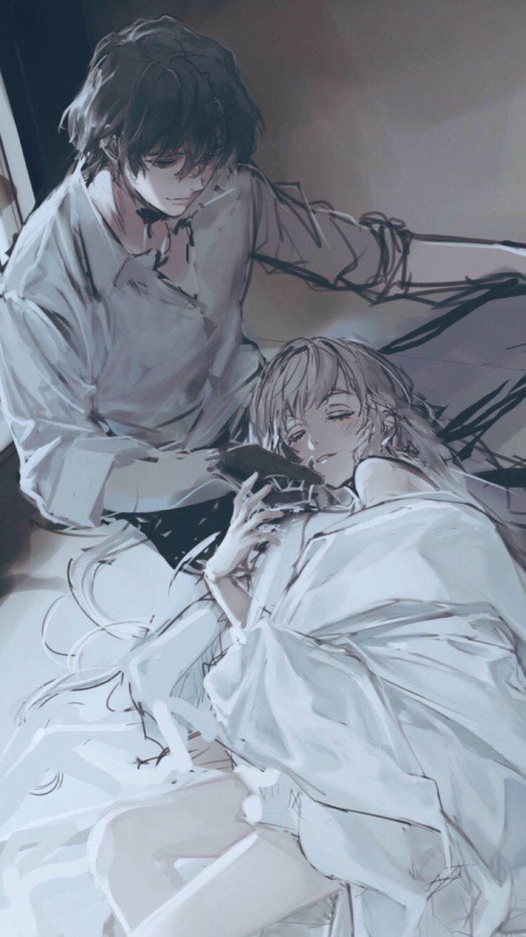 1boy 1girl black_eyes black_hair blush closed_eyes collared_shirt constantine_xi_(fate) doyamemo_f fate/grand_order fate_(series) grey_hair hair_between_eyes hetero highres indoors johanna_(fate) long_hair lying on_bed on_side shirt sitting smile under_covers white_shirt