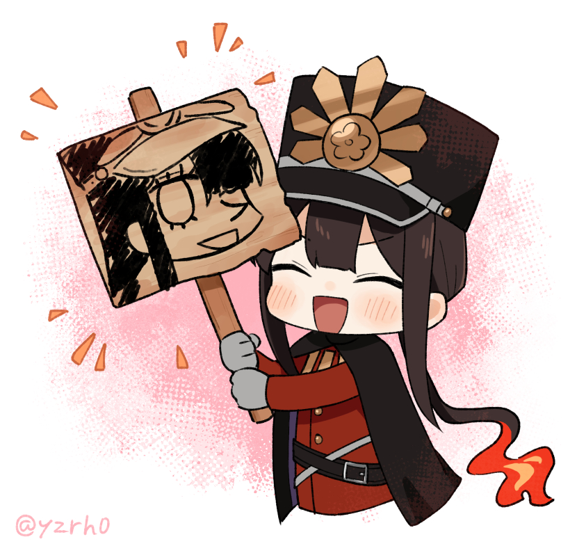 1boy :d belt black_belt black_cape black_hair black_hat blush cape center-flap_bangs chibi chibi_only closed_eyes crest cropped_torso drawing_(object) eyelashes family_crest fate/grand_order fate_(series) fiery_hair gloves grey_gloves hair_over_one_eye halftone halftone_background happy hat holding holding_sign jacket keikenchi_(style) kepi long_hair long_sleeves looking_at_viewer low_ponytail military_hat military_jacket military_uniform no_nose notice_lines oda_nobukatsu_(fate) oda_nobunaga_(fate) oda_nobunaga_(koha-ace) oda_uri open_mouth pointy_nose ponytail red_jacket sidelocks sign smile solo twitter v-shaped_eyebrows very_long_hair white_background yzrh0
