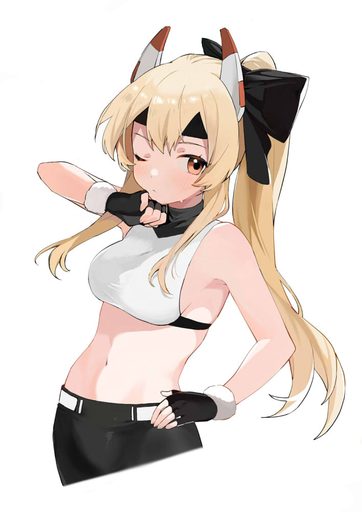 1girl ;( ayanami_(azur_lane) ayanami_(dynamic_kick!)_(azur_lane) azur_lane bare_shoulders belt black_bow black_gloves black_shorts blush bow breasts crop_top expressionless fingerless_gloves gloves hair_between_eyes hair_bow hand_on_own_chin headgear leaning_back long_hair medium_breasts midriff misato_pic navel ponytail shirt short_shorts shorts sideboob sleeveless sleeveless_shirt smile solo very_long_hair white_belt