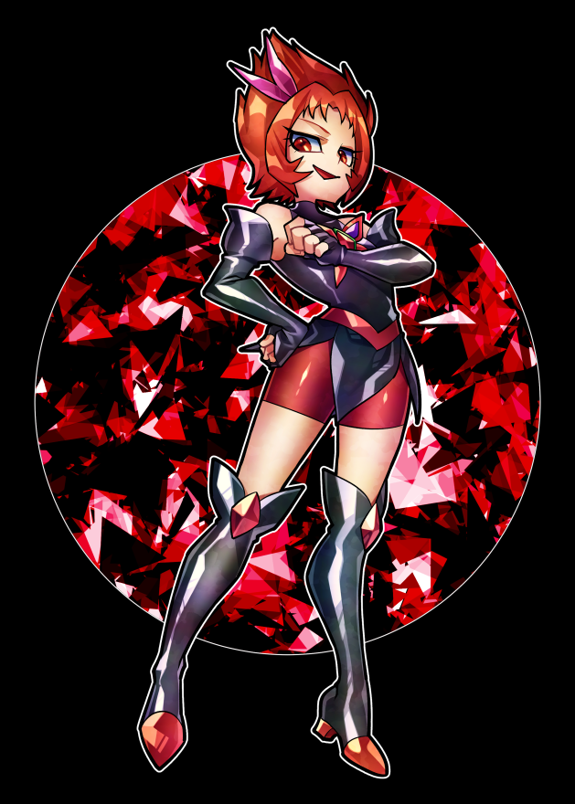 1girl bike_shorts bike_shorts_under_skirt black_background black_boots black_gloves boots brooch butterfly_brooch commentary_request crystal dark_cure_(yes!_precure_5) dark_persona dark_rouge dual_persona elbow_gloves fingerless_gloves full_body gloves hair_ornament hairclip jewelry knee_boots looking_at_viewer magical_girl open_mouth precure red_eyes red_hair senmu_(0107) short_hair shorts shorts_under_skirt simple_background smile solo standing yes!_precure_5
