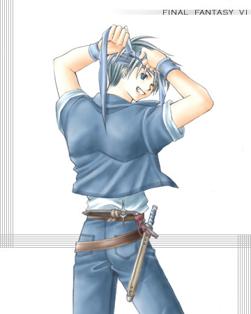 1boy arms_up bad_id belt blue_eyes blue_hair blue_headband blue_jacket blue_pants brown_belt commentary_request copyright_name cowboy_shot dagger final_fantasy final_fantasy_vi grin headband jacket knife locke_cole looking_back lowres male_focus multiple_belts one_eye_closed open_clothes open_jacket pants rendezvous scabbard sheath shirt short_sleeves smile solo toned toned_male tying_headband upper_body weapon white_background white_shirt wristband