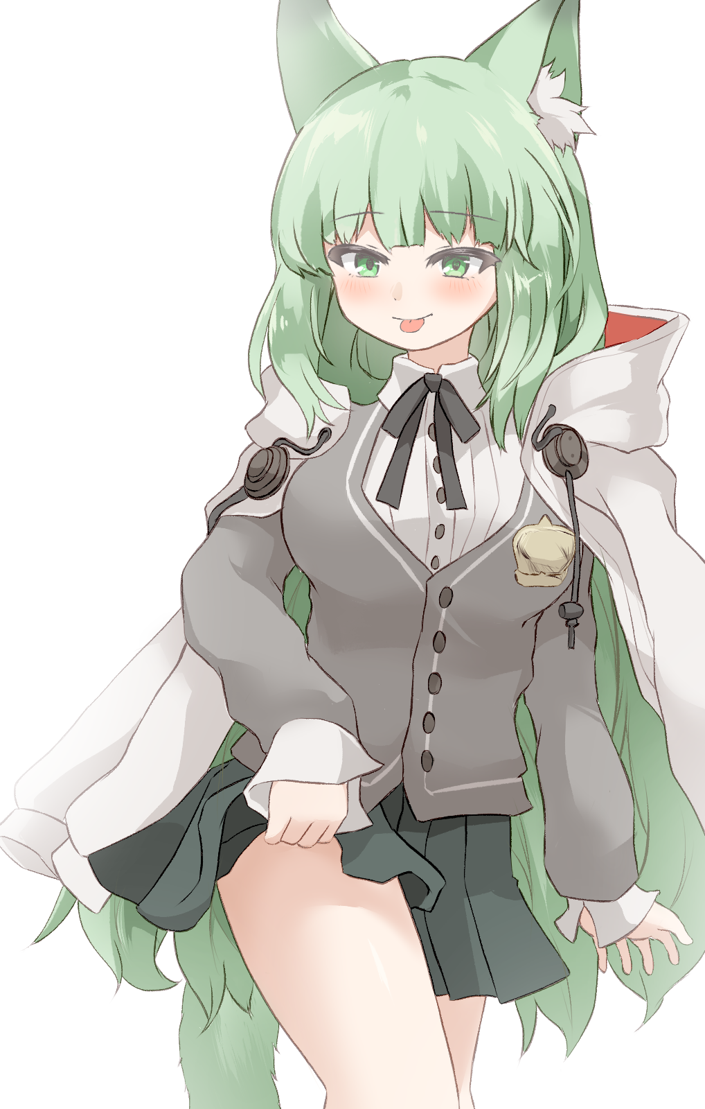 1girl :p animal_ear_fluff animal_ears arknights black_ribbon black_skirt blush cat_ears cat_girl cat_tail clothes_lift collared_shirt cowboy_shot green_eyes green_hair grey_vest harmonie_(arknights) highres hood hood_down hooded_jacket jacket jacket_on_shoulders long_hair long_sleeves looking_at_viewer neck_ribbon ribbon shirt simple_background skirt skirt_lift solo tail thighs tififox tongue tongue_out very_long_hair vest white_background white_jacket white_shirt