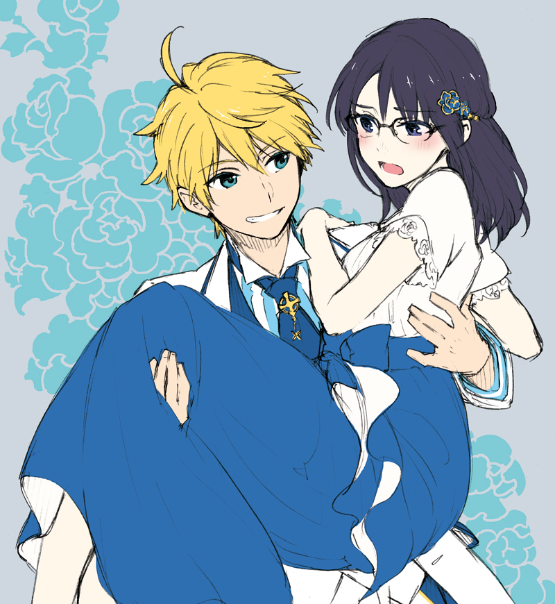 1boy 1girl ahoge alternate_costume arthur_pendragon_(fate) arthur_pendragon_(white_rose)_(fate) black_hair blonde_hair blue_dress blue_eyes blue_flower blue_neckwear blue_rose blush carrying dress fate/grand_order fate/prototype fate_(series) floral_background flower formal_clothes glasses green_eyes hair_between_eyes hair_ornament hand_on_another&#039;s_shoulder isshoku_(shiki) long_hair looking_at_another multicolored_dress necktie open_mouth princess_carry rose sajou_ayaka_(fate/prototype) short_hair smile suit teeth white_dress white_suit