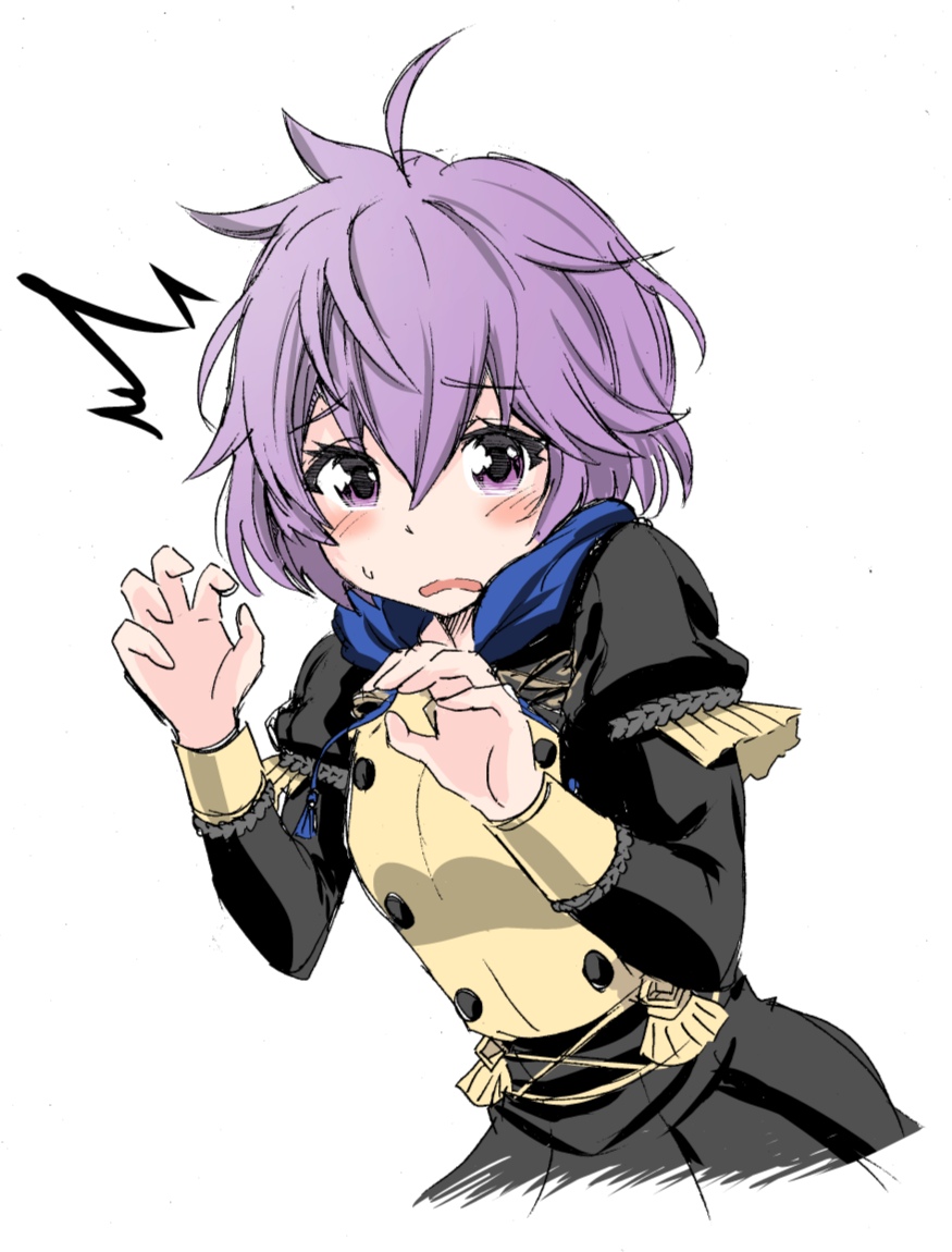 1girl bernadetta_von_varley female_focus fire_emblem fire_emblem:_three_houses hahe hood hood_down long_sleeves nintendo open_mouth purple_eyes purple_hair short_hair simple_background solo upper_body wavy_mouth white_background
