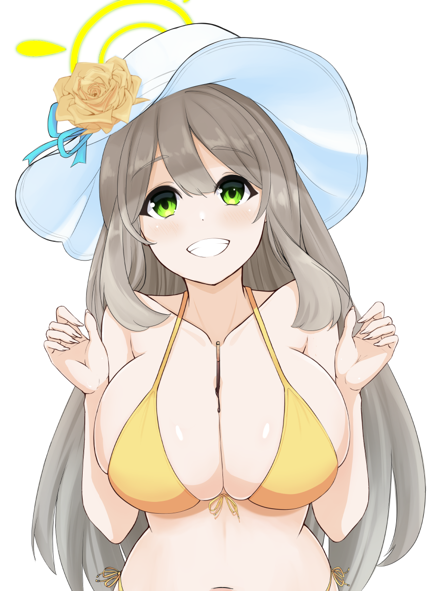 1girl between_breasts bikini blue_archive blush breasts chocolate cleavage food green_eyes grey_hair grin halo hands_up hat highres large_breasts long_hair navel nonomi_(blue_archive) parted_lips pocky smile solo swimsuit teeth upper_body vik_(xypt7474) white_hat yellow_bikini