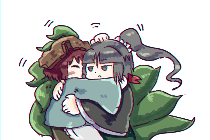 2others ^_^ adagumo_no_yaorochi androgynous apron arm_around_neck black_eyes black_hair black_shirt blue_shirt blunt_bangs blush_stickers brown_helmet brown_skirt chikafumikou closed_eyes closed_mouth commentary_request cowboy_shot double-parted_bangs frown green_jacket hair_ornament hair_scrunchie hand_on_another&#039;s_head hands_on_another&#039;s_back helmet high_side_ponytail hug jacket jinbaori katano_sukune lace-trimmed_apron lace_trim len&#039;en long_hair motion_lines multiple_others multiple_tails other_focus red_hair scarf scrunchie shirt simple_background skirt snake_tail tail tail_around_neck very_long_hair waist_apron wavy_hair white_apron white_background white_scarf wide_sleeves