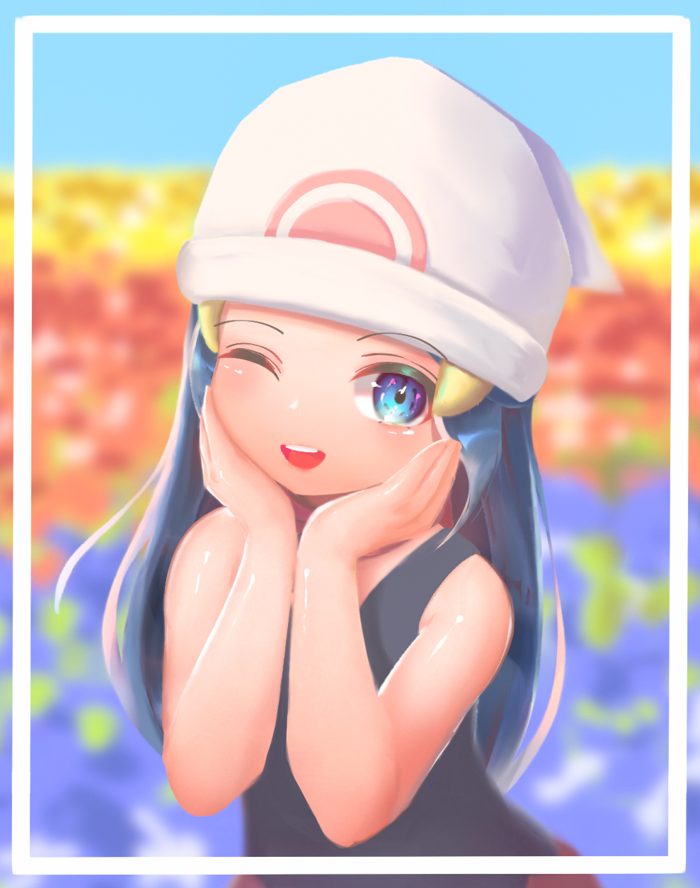 1girl ;d bare_arms bare_shoulders beanie black_shirt blue_eyes blue_hair blurry blurry_background dawn_(pokemon) eyebrows_visible_through_hat hair_ornament half_updo hands_on_own_cheeks hands_on_own_face hat highres korean_commentary long_hair nintendo no_lineart one_eye_closed open_mouth pokemon pokemon_dppt rtb_(jbsb8423) shirt smile solo teeth upper_teeth_only white_hat
