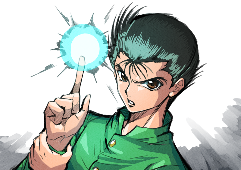 1boy black_hair brown_eyes commentary_request energy_ball finger_gun gakuran gradient_hair green_gakuran green_hair green_jacket hair_slicked_back jacket looking_at_viewer male_focus multicolored_hair rei_gun school_uniform serious shiny_skin short_hair sketch solo tsukikage_oyama urameshi_yuusuke white_background yuu_yuu_hakusho