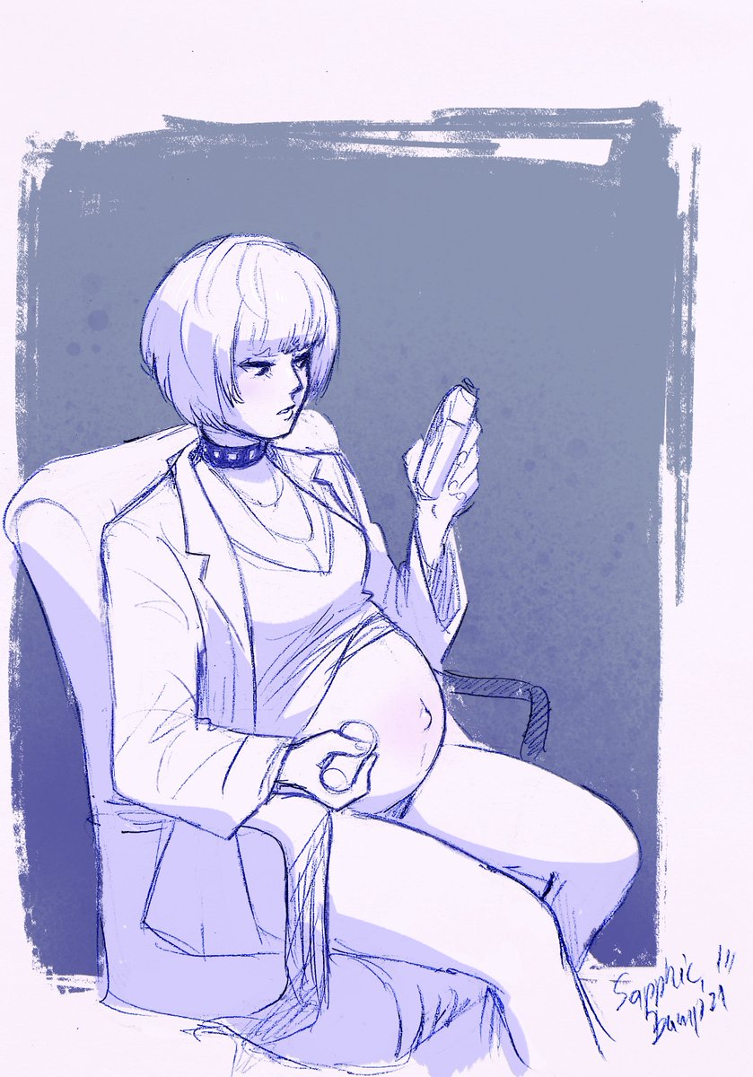1girl breasts choker cleavage female_focus lab_coat medium_breasts monochrome navel persona persona_5 pregnant sapphicbump short_hair sitting solo takemi_tae