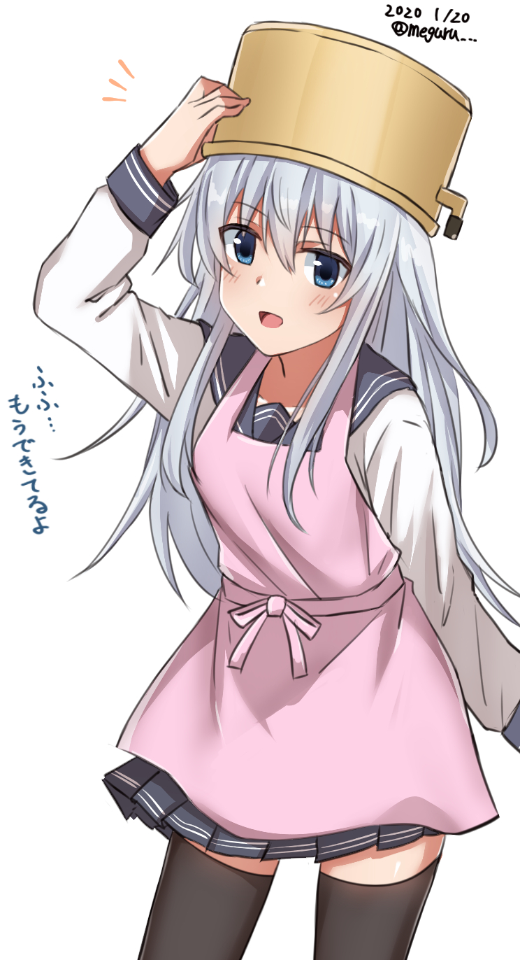 1girl :d apron black_sailor_collar black_skirt black_thighhighs blue_eyes blush dated female_focus hair_between_eyes hibiki_(kancolle) highres kantai_collection long_hair long_sleeves meguru_(megurunn) open_mouth pink_apron pleated_skirt pot sailor_collar school_uniform serafuku silver_hair simple_background skirt smile solo thighhighs translation_request twitter_username white_background