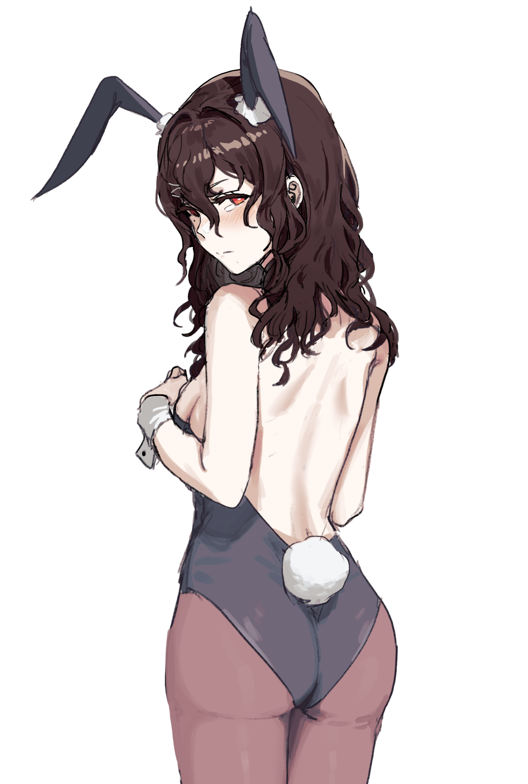 1girl absurdres alternate_costume animal_ears ass blush from_behind girls&#039;_frontline girls&#039;_frontline_neural_cloud hatsuchiri_(neural_cloud) highres leotard looking_back pantyhose playboy_bunny rabbit_ears rabbit_tail red_eyes ribu_(rv) solo tail wrist_cuffs