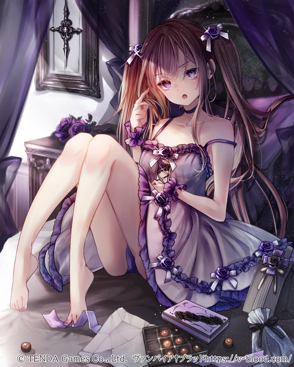 1girl babydoll barefoot bed bedroom black_bow black_choker bow brown_hair candle choker collarbone commentary_request copyright_name copyright_notice curtains flower frilled_wrist_cuffs frills hair_bow hair_flower hair_ornament hane_segawa highres looking_at_viewer nail_polish nightstand official_art on_bed panties pantyshot pillow pouch purple_babydoll purple_eyes purple_nails purple_panties purple_wrist_cuffs red_flower red_rose rose sitting solo strap_slip succubus_(vampire_blood) toenail_polish toenails twintails underwear vampire_blood wrist_cuffs