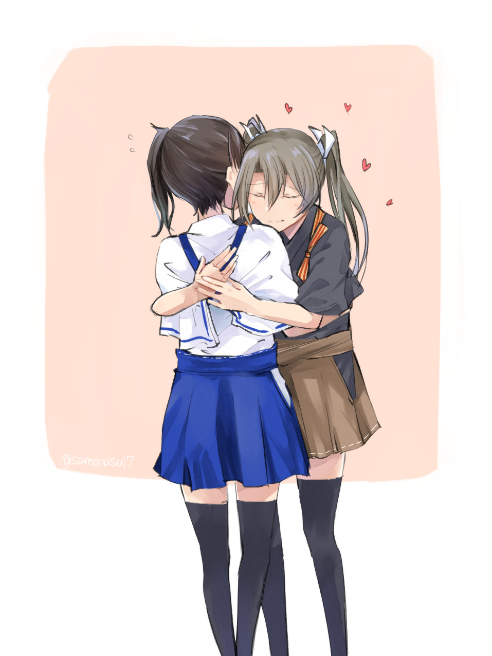 2girls black_legwear blue_hakama brown_hair closed_eyes hair_ribbon hakama hakama_short_skirt hakama_skirt heart highres hug japanese_clothes kaga_(kancolle) kantai_collection long_hair multiple_girls ribbon samonasu17 short_sidetail side_ponytail skirt thighhighs twintails white_ribbon yuri zuikaku_(kancolle) zuikaku_kai_ni_(kancolle)