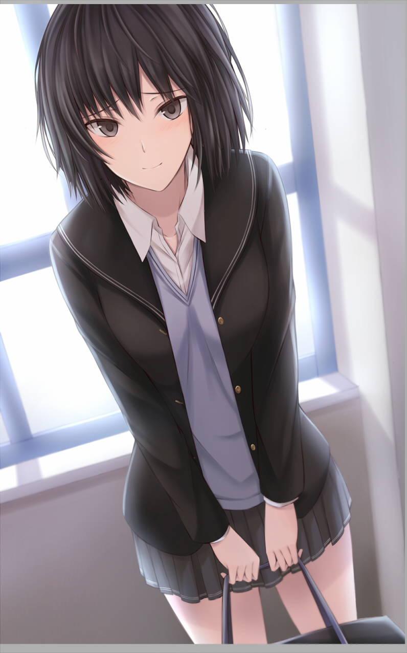 1girl amagami backlighting bag black_cardigan black_hair black_sailor_collar black_skirt blush brown_eyes cardigan closed_mouth collarbone commentary cowboy_shot dress_shirt dutch_angle grey_sweater hair_between_eyes highres holding holding_bag indoors kanpyou_(hghgkenfany) kibito_high_school_uniform letterboxed looking_at_viewer nanasaki_ai open_cardigan open_clothes pleated_skirt raised_eyebrows sailor_collar school_bag school_uniform shirt short_hair skirt smile solo sweater v_arms white_shirt window