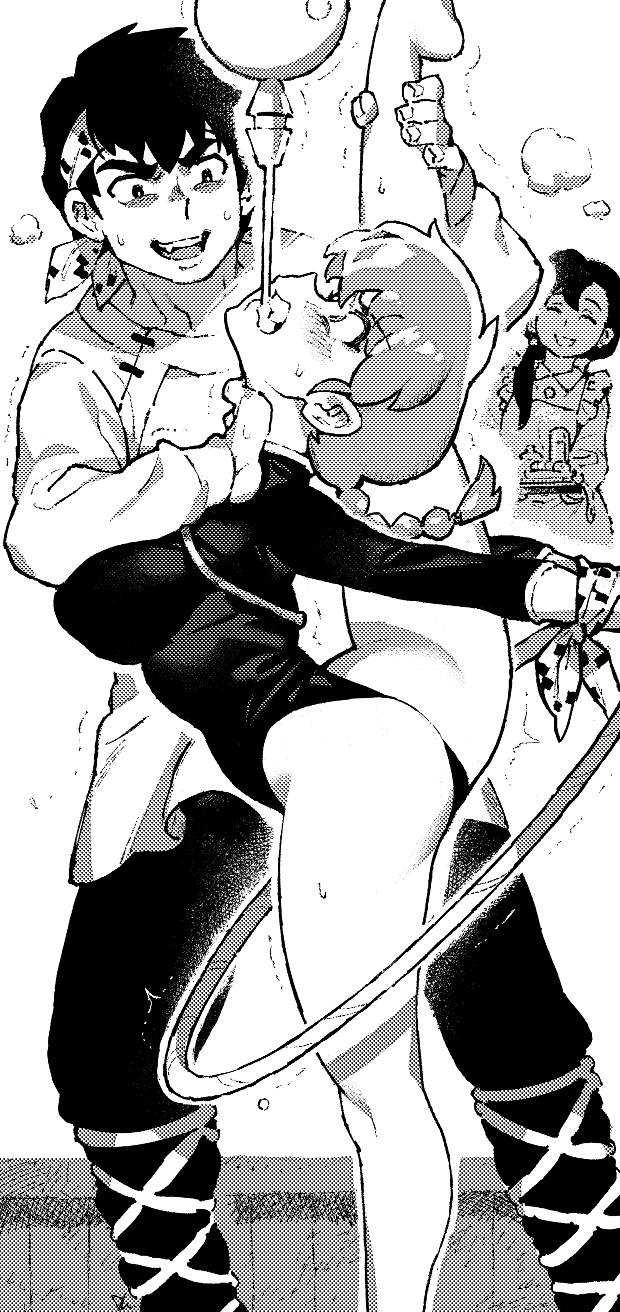 1boy 2girls ass athletic_leotard ball braid braided_ponytail breasts feet_out_of_frame greyscale headband hibiki_ryouga highleg highleg_leotard highres ireading juggling_club leotard long_hair medium_breasts monochrome mouth_hold multiple_girls ranma-chan ranma_1/2 short_hair single_braid split standing standing_on_one_leg standing_split tendou_kasumi