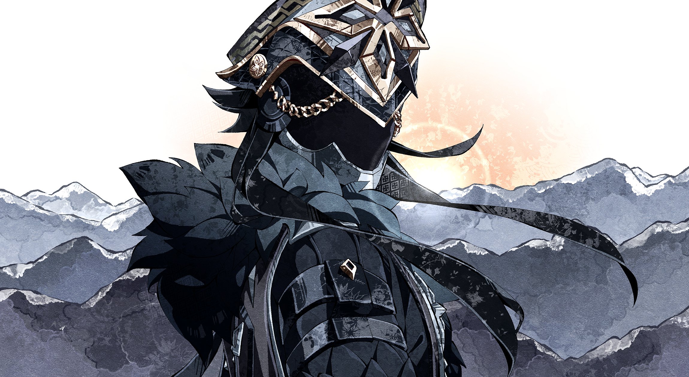 1boy black_coat black_hair black_helmet capitano_(genshin_impact) cha_hanare chain coat commentary facing_viewer fur-trimmed_coat fur_trim genshin_impact gold_chain helmet highres long_hair male_focus mountainous_horizon outdoors solo sunrise upper_body white_background