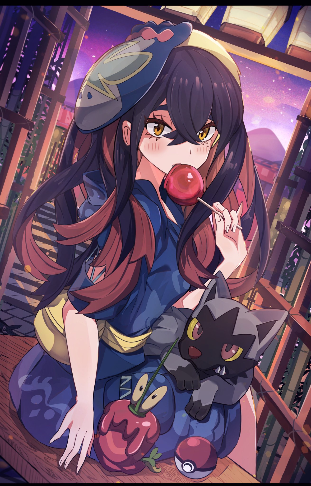 1girl black_hair blush candy candy_apple carmine_(pokemon) crossed_bangs dipplin eyelashes food gen_3_pokemon hair_between_eyes highres holding holding_candy holding_food japanese_clothes jinbei_(clothes) lantern long_hair looking_at_viewer mask mask_on_head mole mole_under_eye multicolored_hair nintendo paper_lantern poke_ball pokemon pokemon_(creature) pokemon_sv poochyena red_hair revision sitting two-tone_hair umiru yellow_eyes