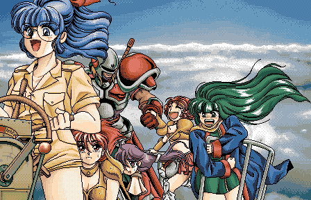 &gt;:) 1boy 5girls aircraft airship angry armor blue_hair breastplate cargo_shorts game_cg gold_armor green_hair julia_lindum kentou_kanami leila_grecny long_hair lowres masou_shizuka miyata_yukimi multiple_girls non-web_source open_mouth rance_(series) rance_iv red_hair rick_addison short_hair shorts shouting steering_wheel v-shaped_eyebrows